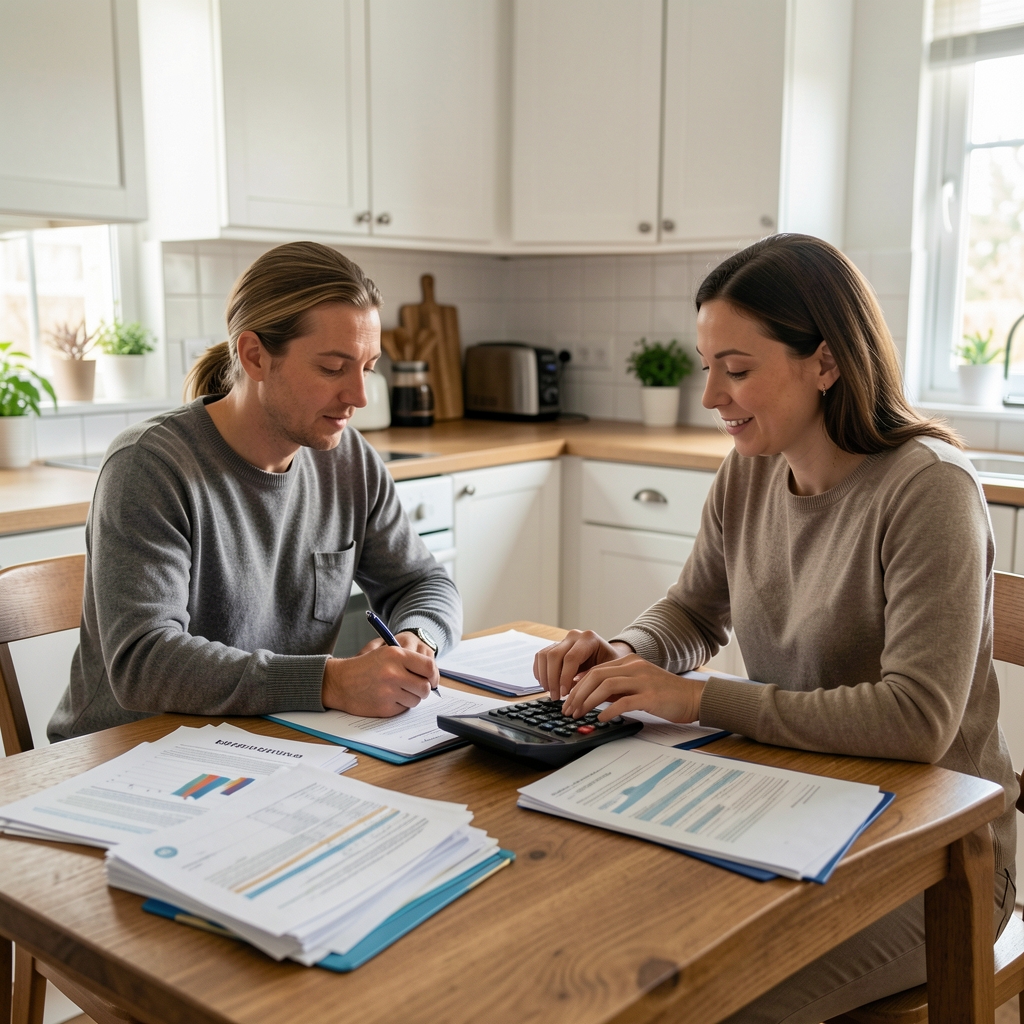 Mutfak masasında bütçe hesaplayan bir çift, önlerinde belgeler ve hesap makinesi — aile bütçesi planlama